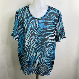 Chicos Top 1 M 8 Blue Zebra Strip Sheer Keyhole Animal Print Black Ruched  Used.